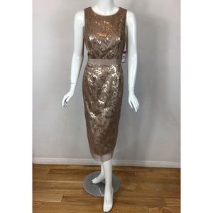 Vince Camuto sequin design open back detail champagne formal party midi dress